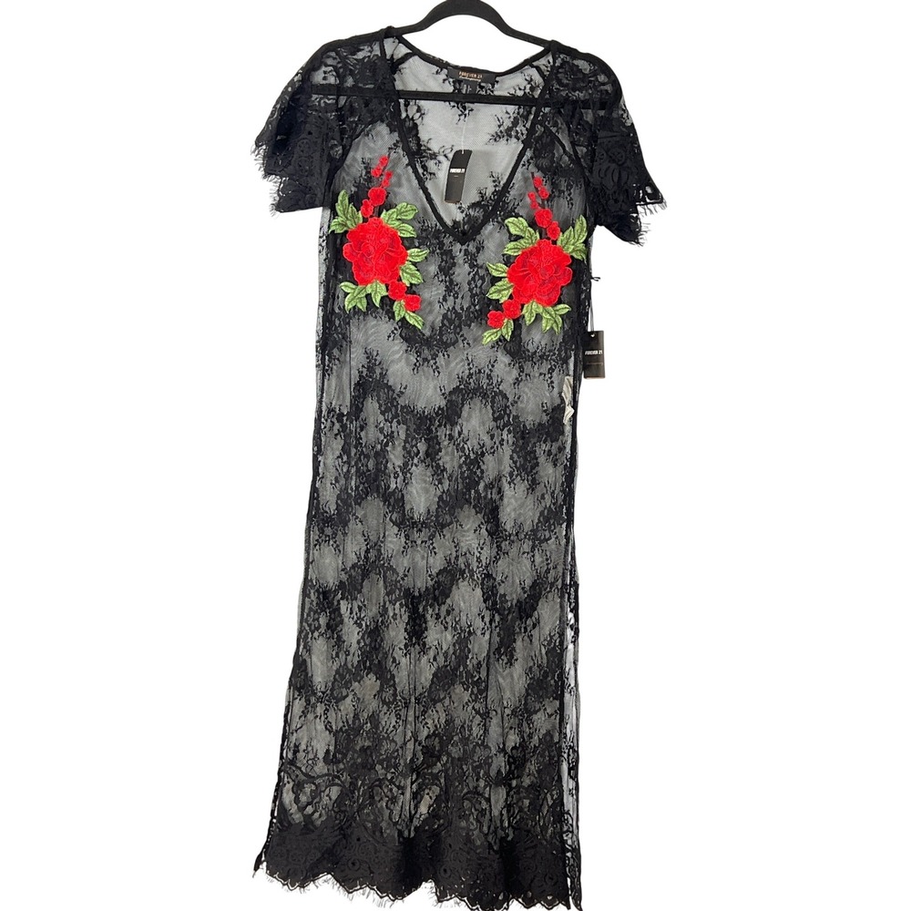 NWT Forever 21 Black Lace Red Embroidered Flower Dress Cover Up Whimsygoth Large